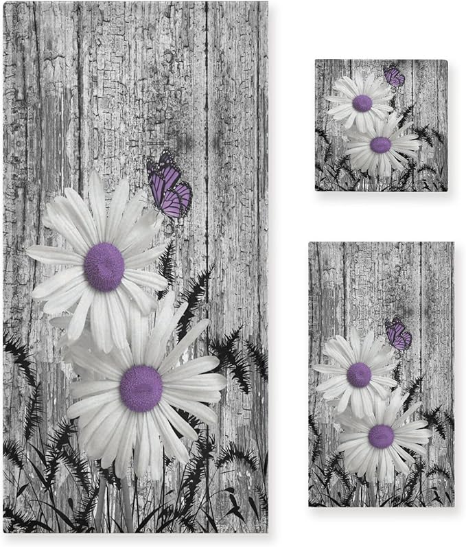 3 Piece Rustic Daisy Bath Towels Set,Microfiber Absorbent Purple Flower Butterfly Grey Barn Farmhouse Towels for Bathroom,1 Bath Towel,1 Hand Towel,1 Washcloth,Decorative Bathroom Towels