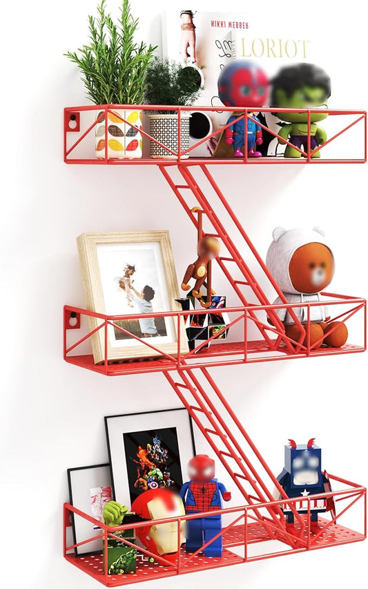 Fire Escape Shelf - 3 Tier Red Fire Escape Wall Shelf with Basket Wall Organizer, New York Metal Decorative Shelves, DIY Floating Action Figurine Display Shelf for Bedroom