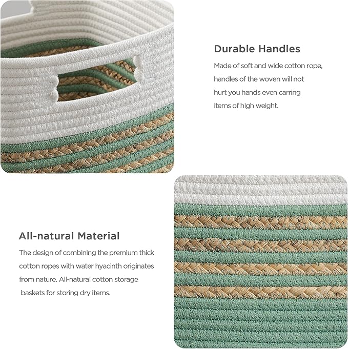 UBBCARE Set of 4 Storage Cubes 13 X 13 X 13 in, Water Hyacinth Storage Bins for Shelves, Toys, Book, Storage Baskets with Handles, Cotton Rope Woven Baskets for Organizing, Green