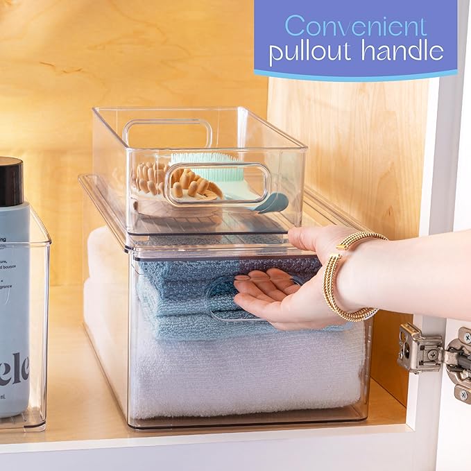 Plastic Clear Stackable Storage Bins with Lids. Great for Pantry or Kitchen Organization. Fridge Organization Containers. Cabinet, Bathroom Organizer. 4 Pack