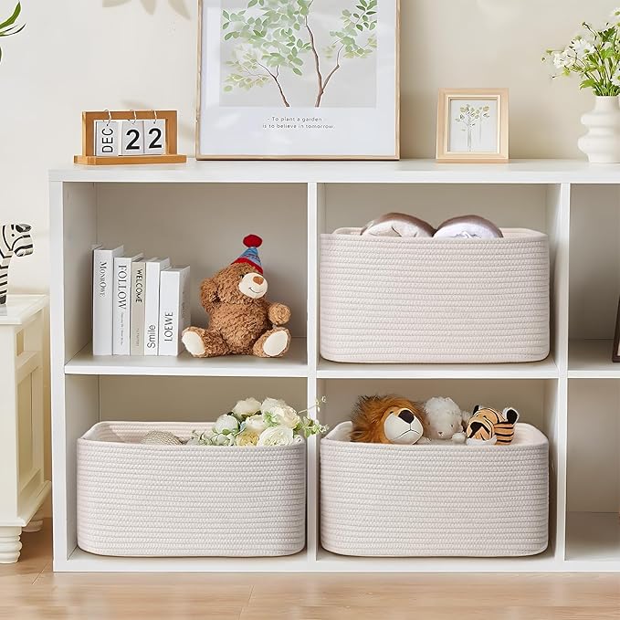 2 Pack Large Storage Basket for Organizing, 17.5"x13"x7" Woven Basket for Shelves, Closet Cube Storage Bins with Wrapped Handle, Cotton Rope Baskets for Kitchen, Clothes, Toys(Off White)
