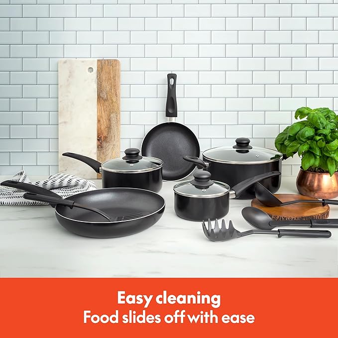 bella Cookware Set, 12 Piece Pots and Pans with Utensils, Nonstick PFOA Free Scratch Resistant Cooking Surface Compatible with All Stoves, Nylon and Aluminum, Black