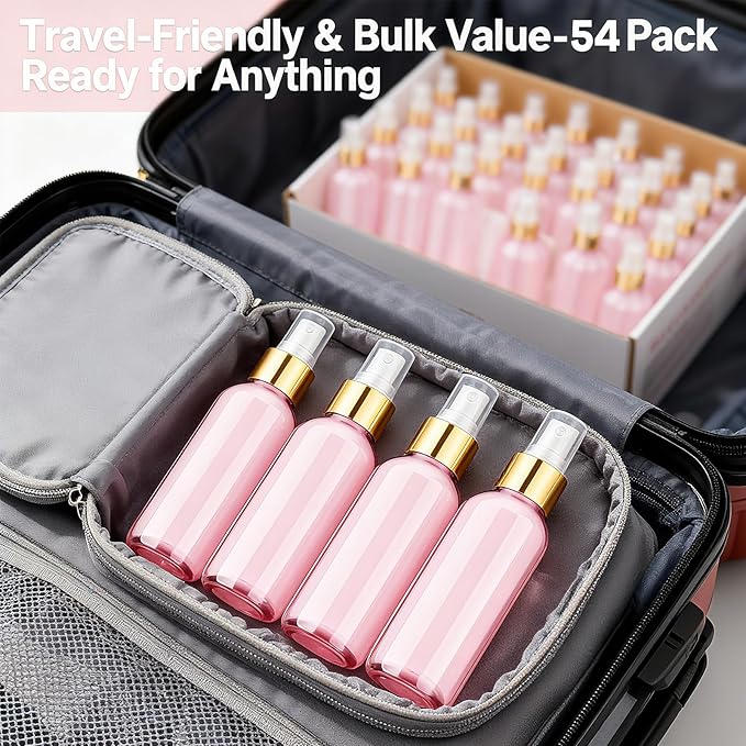 54 Pack 4 oz Small Glass Spray Bottles, Pink Refillable Fine Mist Bottles for Essential Oils, Cleaning Solutions, Perfume, Travel Size Liquid Containers