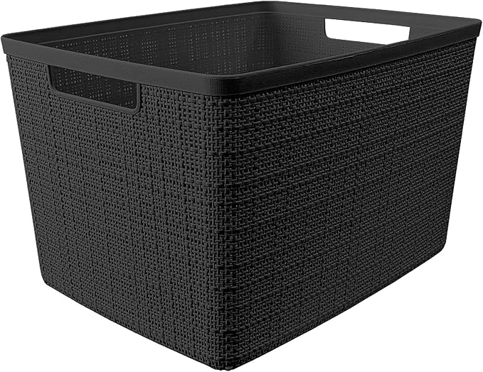 Curver Set of 4 Large 20L Jute Decorative Plastic Organization and Storage Baskets - Perfect Bins for Home Office, Closet Shelves, Kitchen Pantry and All Bedroom Essentials, Black
