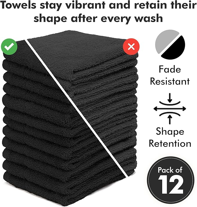 Face Towels Pack of 12 – 100% Cotton Wash Cloths (12x12 inch) – Soft, Quick Dry & Highly Absorbent Hand Towels for Bathroom, Spa, Gym, Kitchen and for Daily Use - (Black)