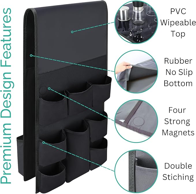 Mini Fridge Organizer - Over Fridge Organizer with Large Pockets and Dividers for Utensils, Pantry Items, Paper Towel, Snacks - College Essentials Dorm - Over Fridge Storage (Black)…