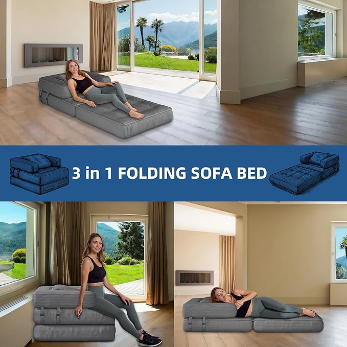 Folding Sofa Bed - Adults Convertible Sleeper Chair for Living Room, Bedroom, Grey