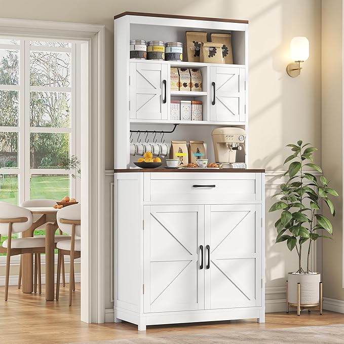 Semoic 69.3" Tall Kitchen Pantry Cabinet, Farmhouse Large Storage Cabinet with 2 Barn Doors, 1 Drawer and Storage Shelves, Buffet Cupboard Kitchen Hutch with Wide Countertop and Charge Holes, White