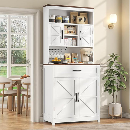 Semoic 69.3" Tall Kitchen Pantry Cabinet, Farmhouse Large Storage Cabinet with 2 Barn Doors, 1 Drawer and Storage Shelves, Buffet Cupboard Kitchen Hutch with Wide Countertop and Charge Holes, White