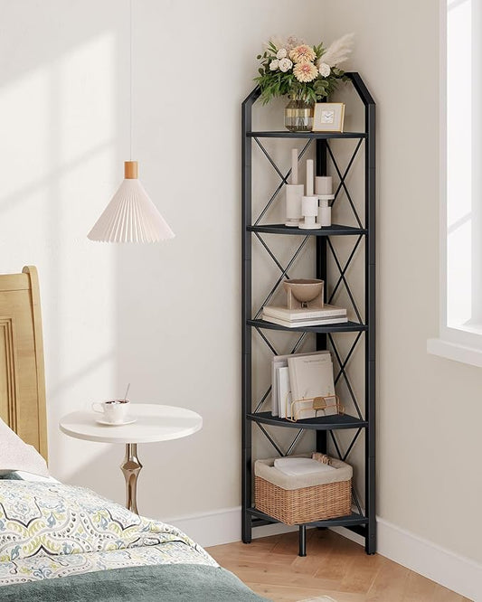 5-Tier Corner Shelf, Industrial Corner Bookshelf, 59.4" Corner Storage Stand, Plant Stand Display Shelf, Corner Bookcase for Bedroom, Living Room, Home Office, Black TCJ10BB