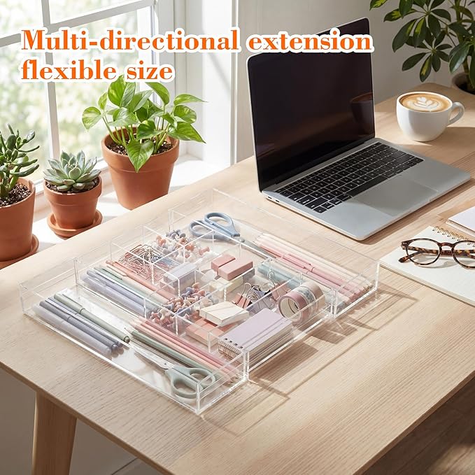 1 Pcs Acrylic Desk Drawer Organizer 2 Inch Height Expandable Drawer Organizer Trays with 9 Adjustable Compartments Desk Accessories for Makeup Silverware Office Bathroom(Clear)