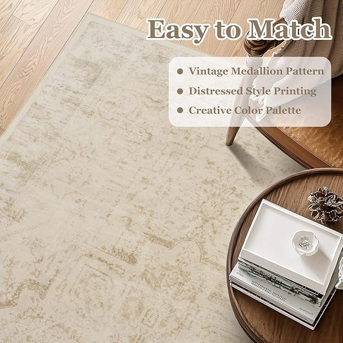 Distressed Beige Kitchen 2x3 Rugs Non Slip Washable, Natural Farmhouse Vintage Medallion Pinted Door Mat Indoor Entrance Entryway, Small Low Pile Rugs for Bathroom Vanity/Laundry Room/Bedroom