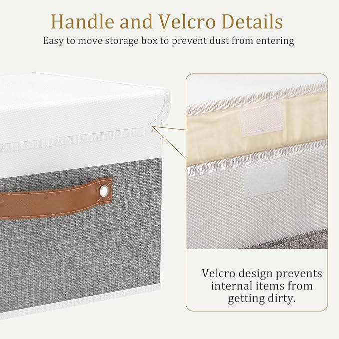 OUTBROS Large Collapsible Storage Box with Lid, Linen Fabric Wardrobe Organiser, Containers For Towels, Clothes, 15 x 9.8 x 9.8 inch (White/Grey, 5-Pack)