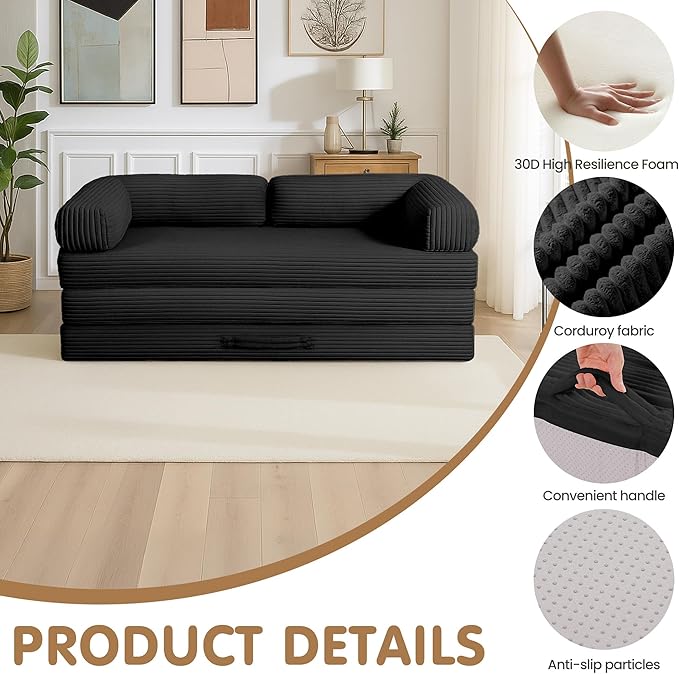 Convertible Sofa Bed King,5-in-1 Folding Boneless Couch Corduroy Futon Sofa Bed,Tri-Fold Mattress with Removable Armrests & Handle,Sleeper with Pull Out Bed for Small Space Living Room Bedroom