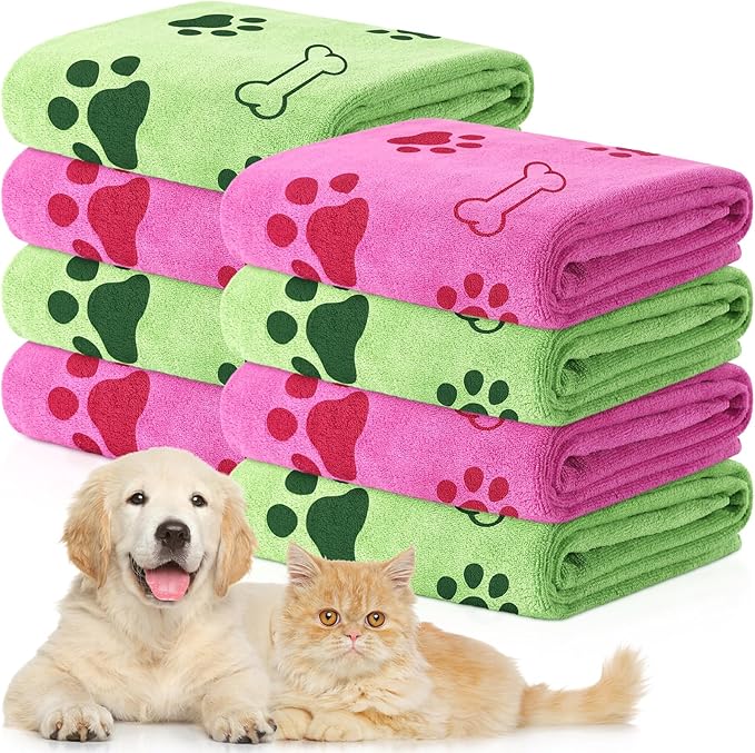 8 Pcs Dog Towels for Drying Dogs Cats Pet Towels Bulk Puppy Microfiber Quick Drying Paw Bath Bathing Supplies Absorbent for Medium Pets(Hot Pink,Green,40 x 24 Inch)