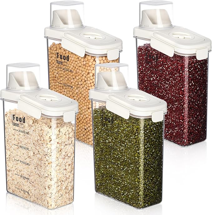 4 PCS Cereal Containers Storage 2.8L Airtight Large Dry Food Containers with Pouring Spout Cereal Storage Dispenser Measuring Cup for Flour and Baking Supplies, White