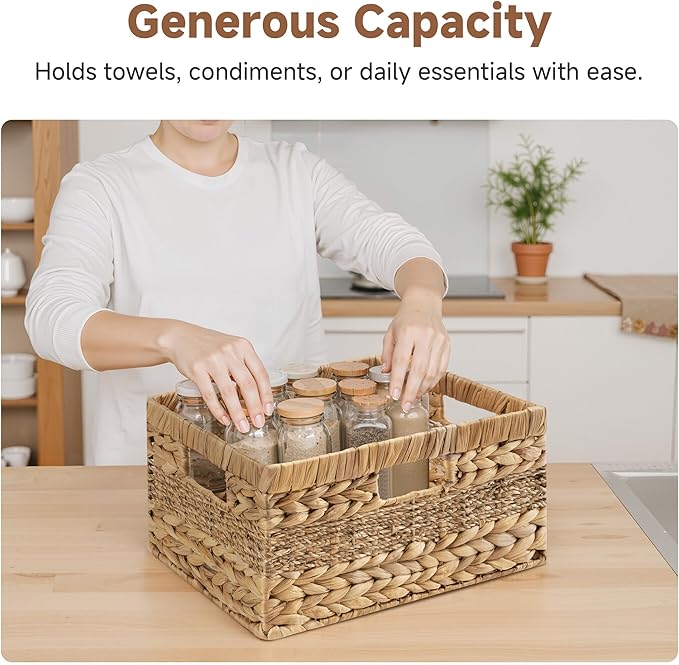 StorageWorks Jumbo Rectangular Wicker Basket, Water Hyacinth and Seagrass Storage Basket with Built-in Handles, 1 Pack