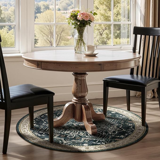 Dark Round Rugs 4ft for Entryway, Low Pile Thin Washable Small Circle Rug for Bedroom Living Room Non Slip, Tranditional Medallion Round Carpet for Kitchen Dining Room, Midnight/Multi
