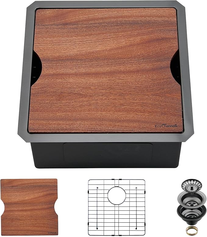 Undermount Kitchen Sink, 18 x 18 x 10 Inch Sink Kitchen 16 Gauge Gunmetal Black Stainless Steel Kitchen Sinks Single Bowl Workstation Sink with Cutting Board