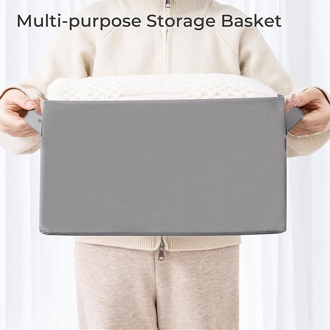 Storage Basket Bins with Metal Frame, Large Collapsible Fabric Storage Baskets for Organizing Shelf, Basket Organizer W/Handles for Blankets, Towels, Laundry, Shelves, 4-Pack, Grey