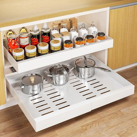 Delamu 21" Deep Pull Out Cabinet Organizer, Expandable (12.3 "-20.8" W) Pull Out Drawers for Cabinets, Expandable Slide Out Drawers for Kitchen, Cabinets, Bathroom, Pantry Storage, White, 1 Pack