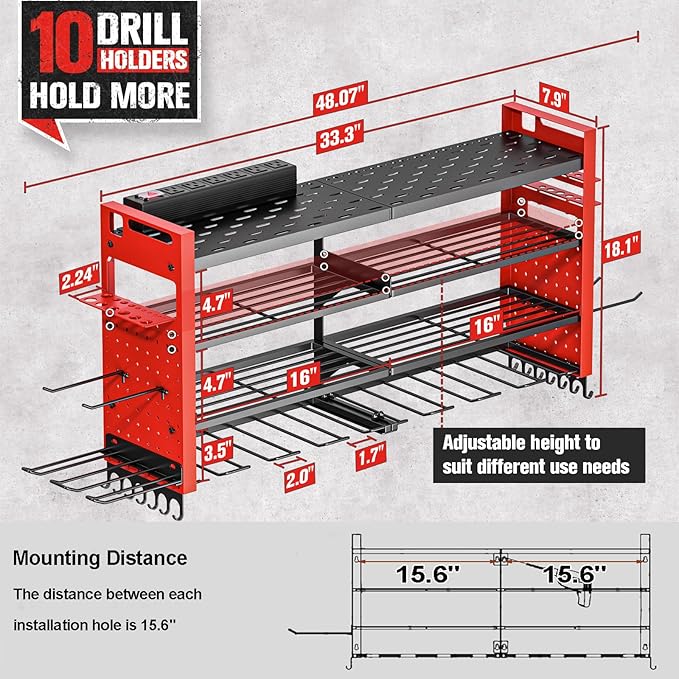 Heavy Duty Power Tool Organizer Wall Mount with Charging Station, Large Garage Organization with 10 cordless Drill Holder, 4 Layers Tool Organizers and Storage, Tool Rack with 6 Power Strip, Red