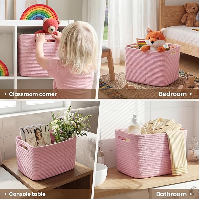 Storage Baskets for Organizing, 14 x 10 x 9” Closet Shelf Woven Baskets, Square Bins with Handles, Cotton Rope Basket for Toys, Clothes, Office, Room, Pink 3 Pack