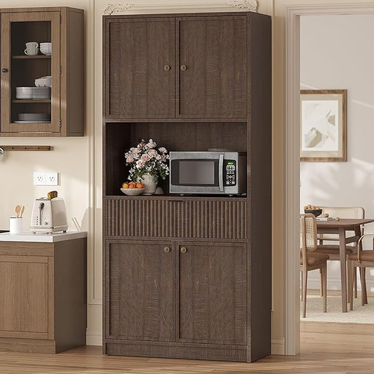 Garvee Tall Kitchen Pantry Cabinet, 70 in Pantry Storage Cabinet with Countertop, Fluted Kitchen Hutch Cabinets with Doors and Drawer, Freestanding Cupboard for Dining Room, Living Room, Brown