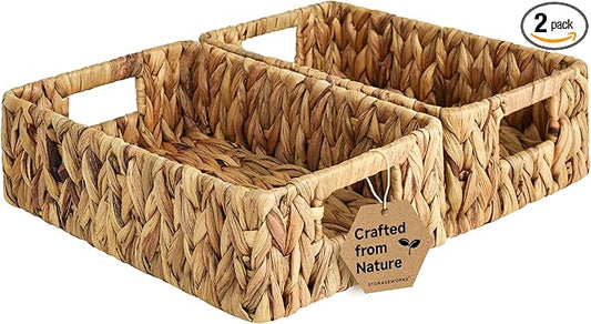 StorageWorks Water Hyacinth Baskets, Small Wicker Baskets for Organizing in Living Room and Shelf, 2-Pack