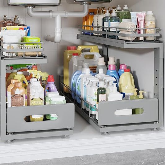 Under Sink Organizer Upgrade To Professional Rails,2-Tier Dual Pull Out Cabinet Storage,Height Adjustable Slide Out Drawers For Bathroom Kitchen,2 Pack-21"Dx12.8"-16.9"H,Gun Gray