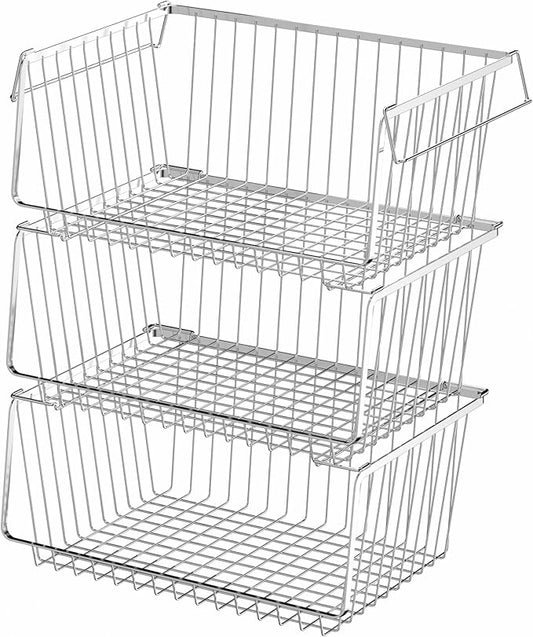 Wire Storage Basket Stackable Organizer Storage Baskets Bins Sturdy Metal Organization with Handles for Pantry, Kitchen, Closets, Bathroom, Cabinets, Kitchen, Set of 3