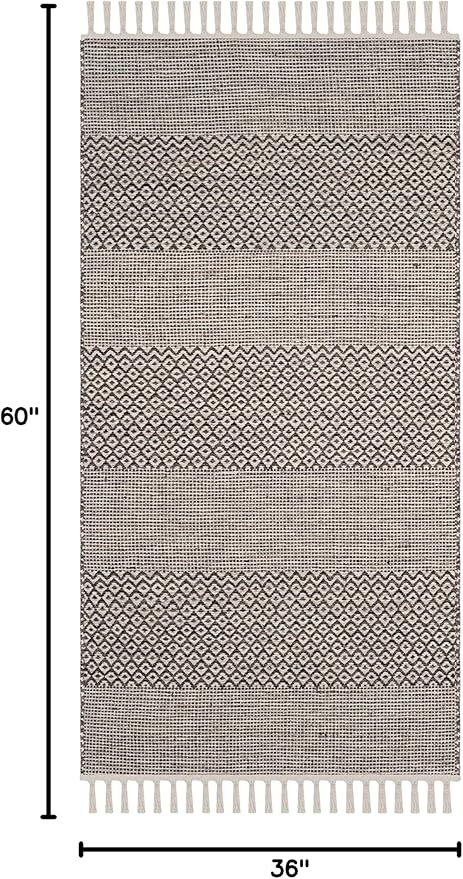 SAFAVIEH Montauk Collection Accent Rug - 3' x 5', Ivory & Anthracite, Handmade Flat Weave Boho Farmhouse Cotton Tassel Fringe, Ideal for High Traffic Areas in Entryway, Living Room, Bedroom (MTK330N)