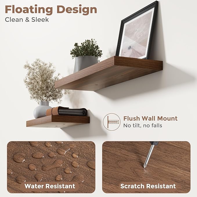 40 Inch Floating Shelves for Wall Set of 2, 8"D Wood Grain Bathroom Shelves with Invisible Brackets, Easy Install Engineered Wood Storage Shelves for Kitchen, Living Room, Bedroom, Walnut Finish