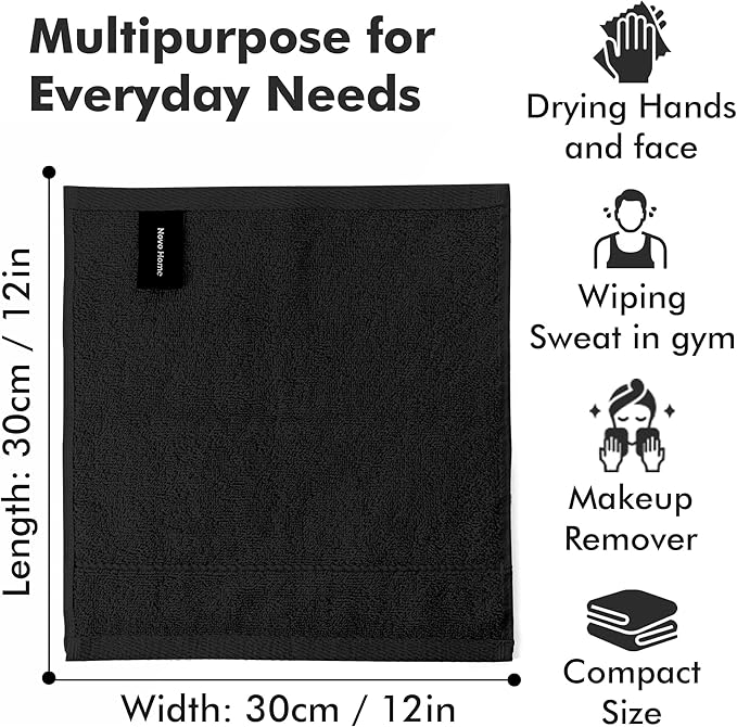 Face Towels Pack of 12 – 100% Cotton Wash Cloths (12x12 inch) – Soft, Quick Dry & Highly Absorbent Hand Towels for Bathroom, Spa, Gym, Kitchen and for Daily Use - (Black)