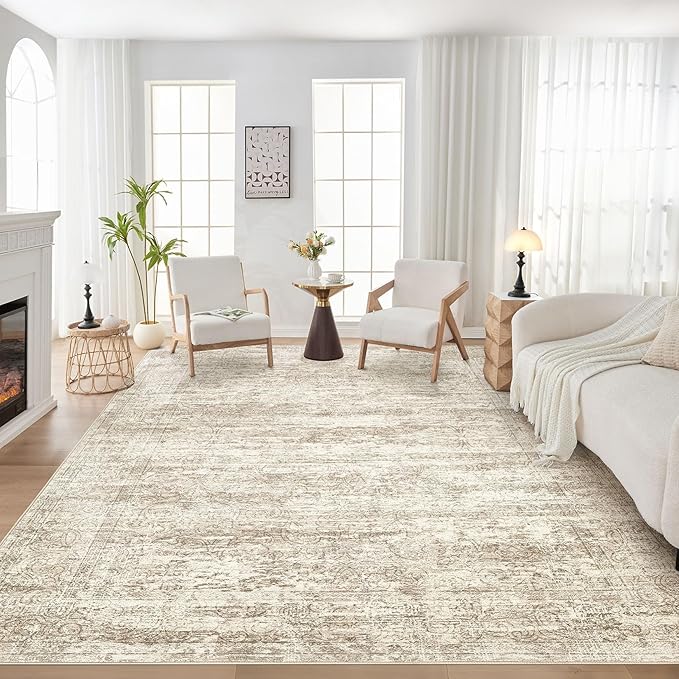 Area Rug Living Room Rugs - 10x14 Abstract Large Soft Indoor Washable Rug Neutral Modern Low Pile Carpet for Bedroom Dining Room Farmhouse Home Office - Vintage Beige