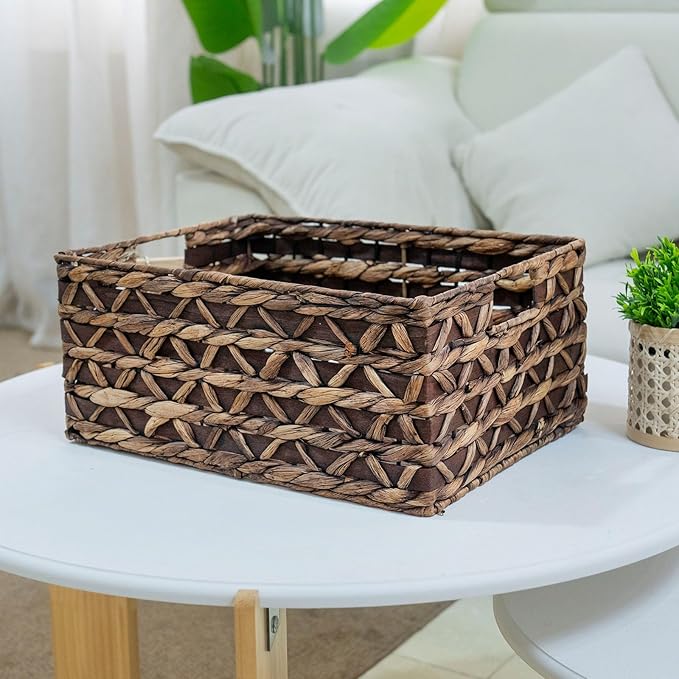 Rectangular Wicker Storage Basket with Iron Structure & Wood Accents, 15.75×11.42×7.09 Inches, Perfect for Home Organization