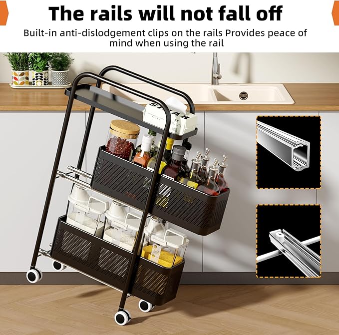 Slim Storage Cart 3 Tier with Pull Out Metal Basket Bathroom Organizer Rolling cart, Installation-Free Rolling Utility Cart Slide Out Organizer for Kitchen, Bathroom, Laundry (Black, 3 Tier)