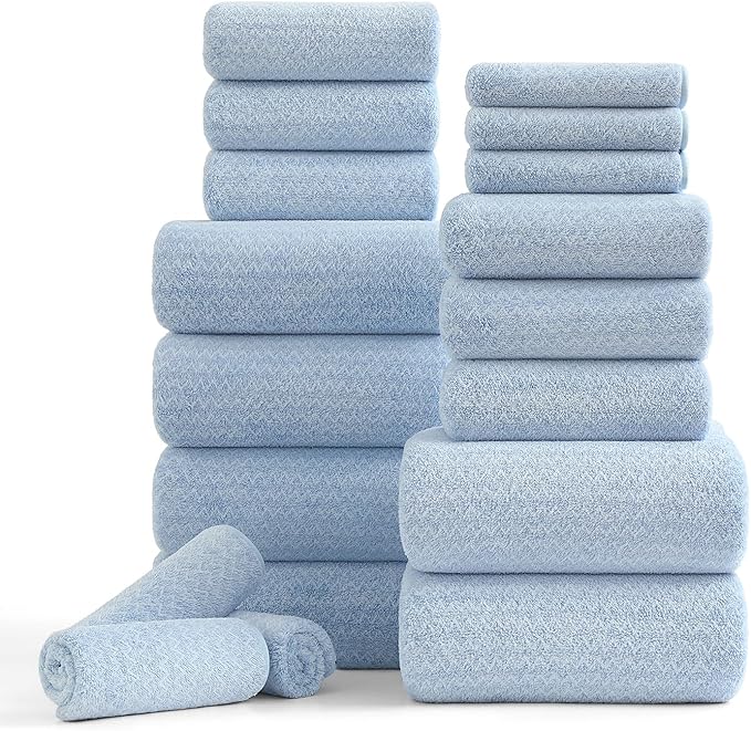 18 Piece Bath Towels Set,100% Microfiber Family Bathroom Towel with Hanging Loops-6 Bath Towels,6 Hand Towels,6 Washcloths,Quick Dry Highly Absorbent Shower Towel for Bathroom,Hotel,Spa-Blue