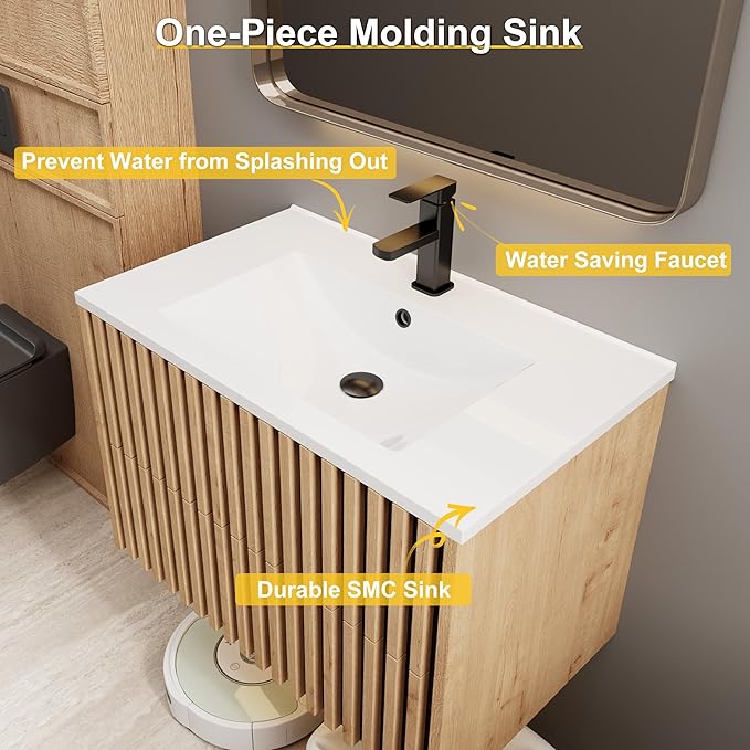 eclife 30" Floating Bathroom Vanity with Sink Combo, Modern Wall Mounted Cabinet with 2 Fluted Drawers, Undermount Sink, Faucet, Drain, Mixed Natural