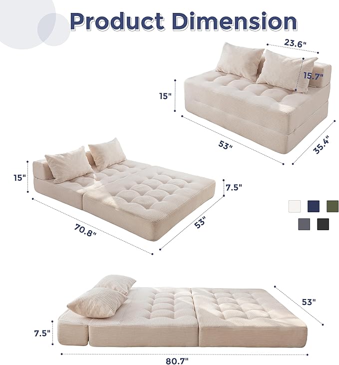 MAXYOYO Folding Sofa Couch, Convertible Floor Sleeper Couch with 2 Pillows, Tufted Floor Loveseat Couch Tufted Fold Out Chair Bed Comfy Sofa Lounge for Living Room Bedroom, Beige