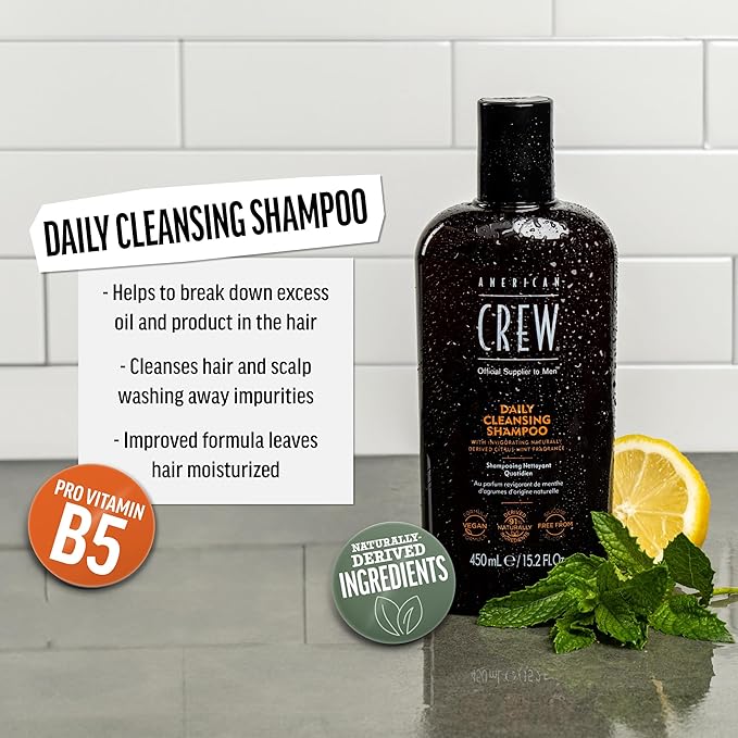 American Crew Shampoo for Men, Daily Cleanser, Naturally Derived, Vegan Formula, Citrus Mint Fragrance, 3.3 Fl Oz