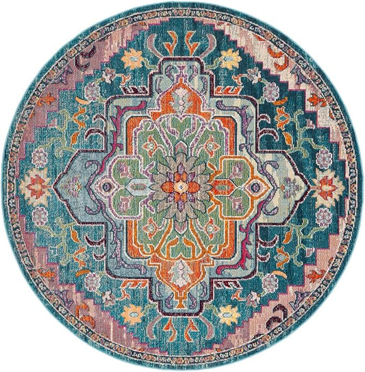 SAFAVIEH Crystal Collection Area Rug - 3' Round, Teal & Rose, Medallion Distressed Design, Non-Shedding & Easy Care, Ideal for High Traffic Areas in Living Room, Bedroom (CRS501T)