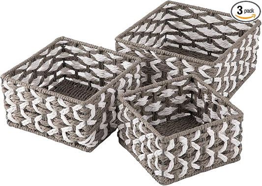 OIAHOMY Storage Baskets Paper Rope Shelf Baskets, Handwoven Small Wicker Bins for Home, Set of 3-Grey & White