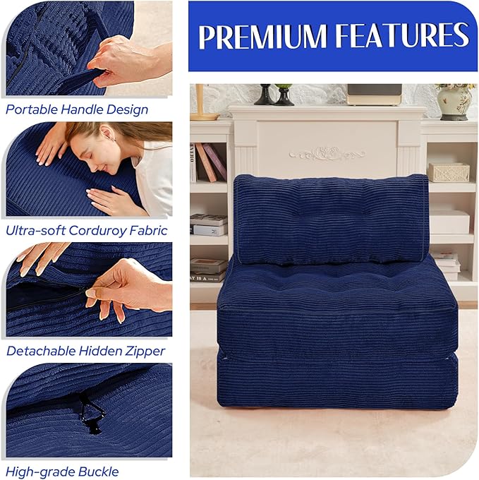 HABUTWAY Folding Sofa Bed, Convertible Sleeper Chair Bed w/Dual-Pillow & Handle, Foldable Floor Sofa Lounge w/Back Support for Living Room, Bedroom, Apartment, Office, Single, Navy Blue