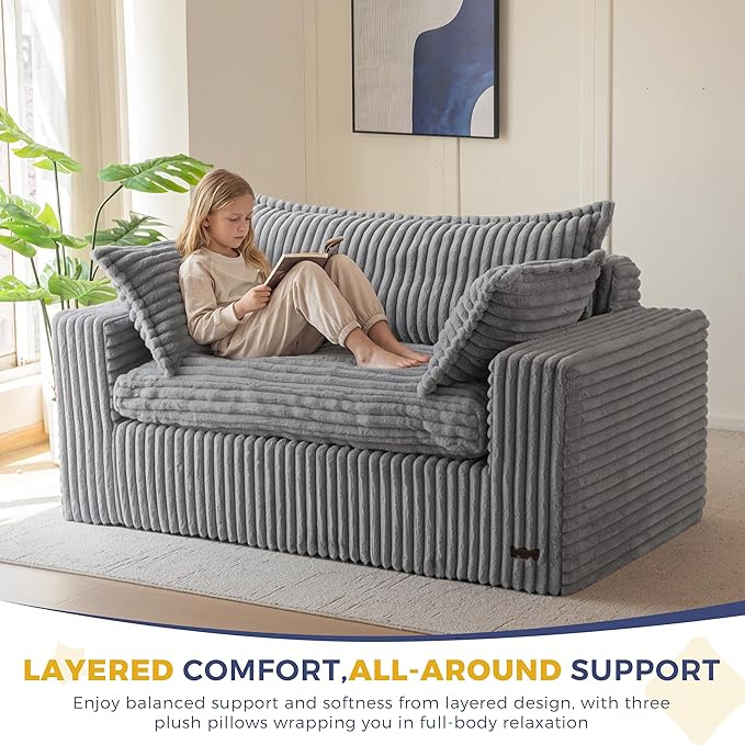 MAXYOYO 59" Bean Bag Sofa Couch, Loveseat Boneless Couch in a Box, Upholstered Small Mini Sofa with Deep Seating for Living Room Bedroom Office Apartment, No Assembly, Dark Grey