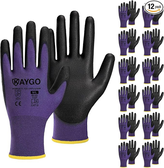 KAYGO Work Gloves for Men and Women,12 Pairs Seamless Knit PU Coated Safety Gloves, with Smooth Grip on Palm and Fingers, Ideal for Light Warehouse, Manufacturing, Gardening, KG11P (L, Purple)
