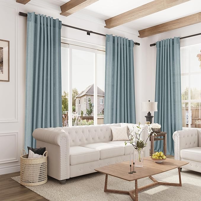Joywell Light Blue Back Tab Rod Pocket Linen Curtains 84 Inches Long 2 Panels for Living Room Bedroom Neutral Boho Farmhouse Rustic Light Filtering Semi Sheer Curtains Window Treatment 52x84