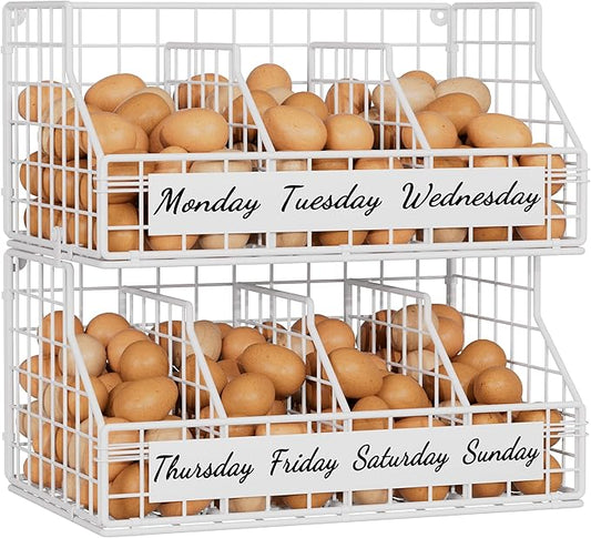 Egg Holder Countertop with 5 Dividers & Labels, 2 Tier Stackable Chicken Egg Baskets for Gathering Fresh Eggs, Egg Organizer for Countertop/Wall-Mounted, White