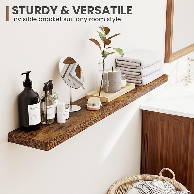 30 Inch Floating Shelves, 8 Inch Deep Floating Shelves for Wall, Hanging Shelf with Invisible Brackets, Deep Shelves for Bathroom, Bedroom, Living Room, Brown, Set of 2