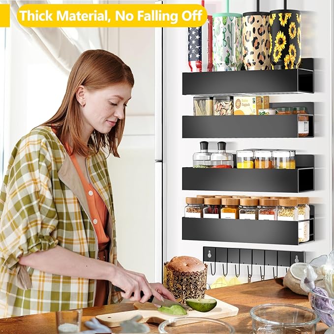 Magnetic Spice Rack for Refrigerator, 4 Pack Magnetic Shelf with 1 Hook Magnet Spice Storage Rack Seasoning Organizer with Screw for Oven Fridge (Black-5pack) (Black gun, 4Rack&1Hook)